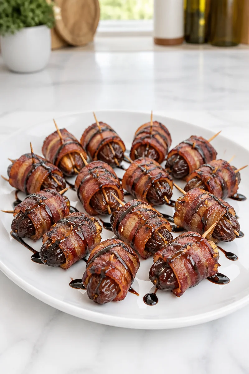 Crispy air fryer beef bacon wrapped dates appetizer on a plate