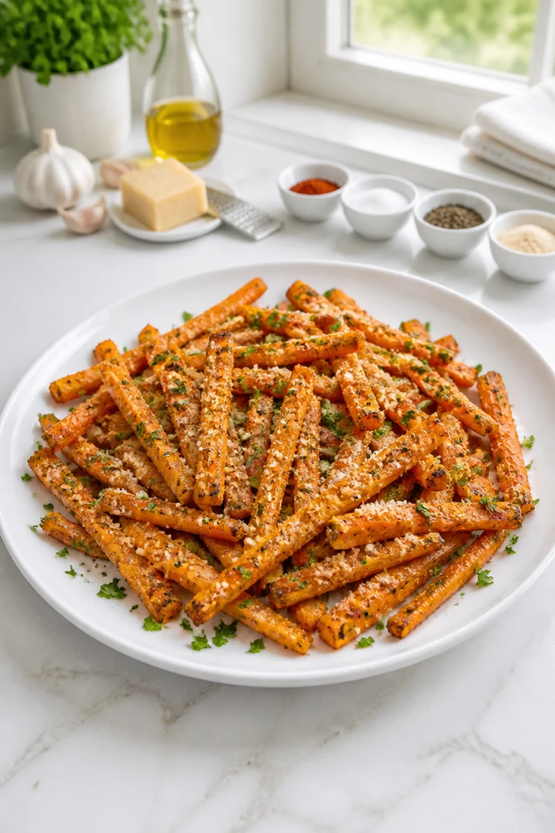 Crispy baked garlic parmesan carrot fries served on a plate