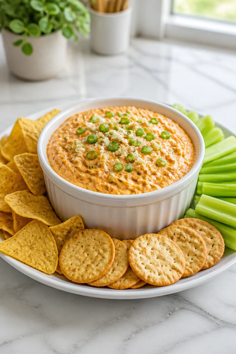 Crockpot Creamy Buffalo Chicken Dip served in a bowl with tortilla chips