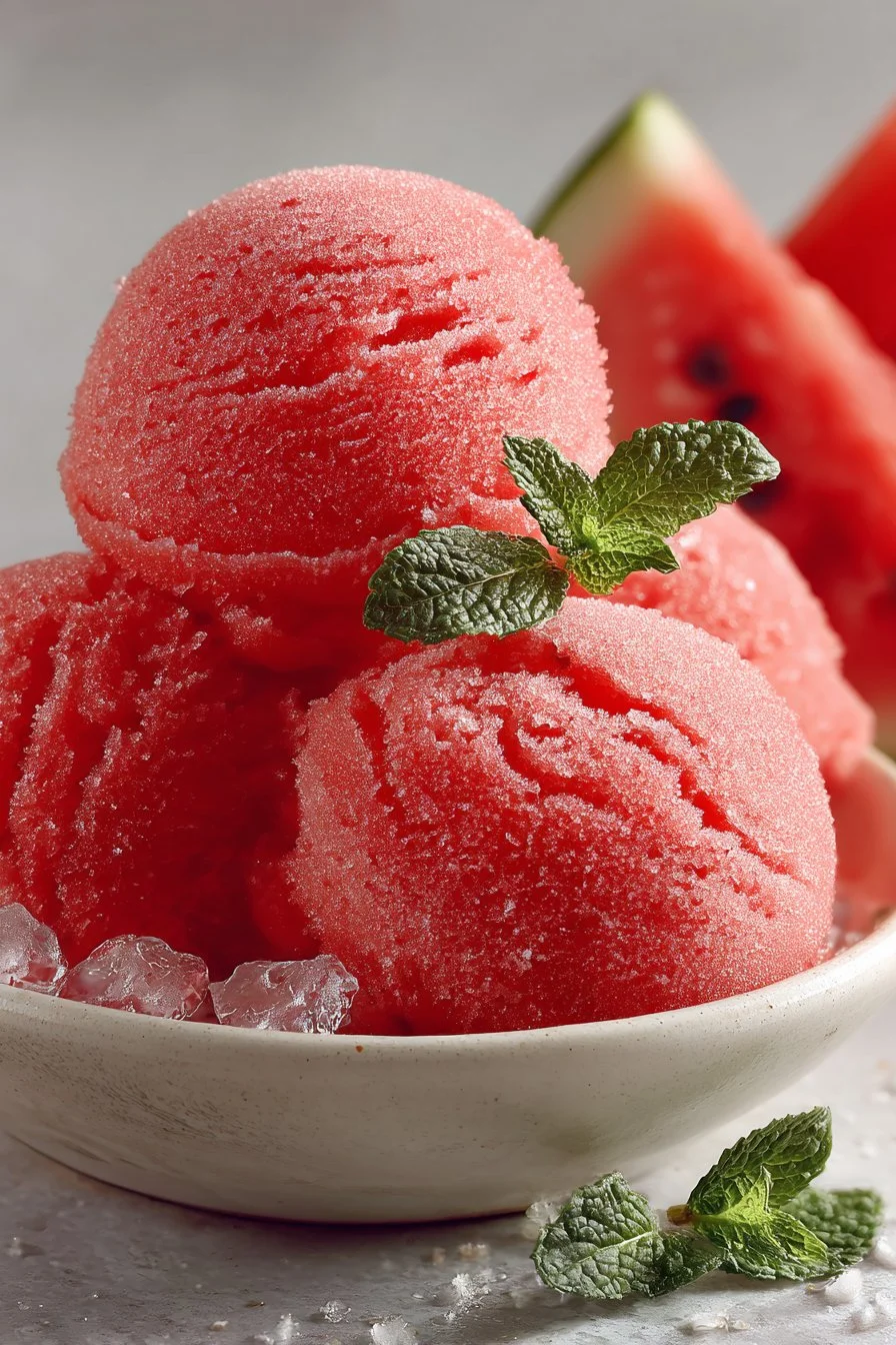 Bowl of dairy-free homemade watermelon sorbet topped with fresh mint leaves.