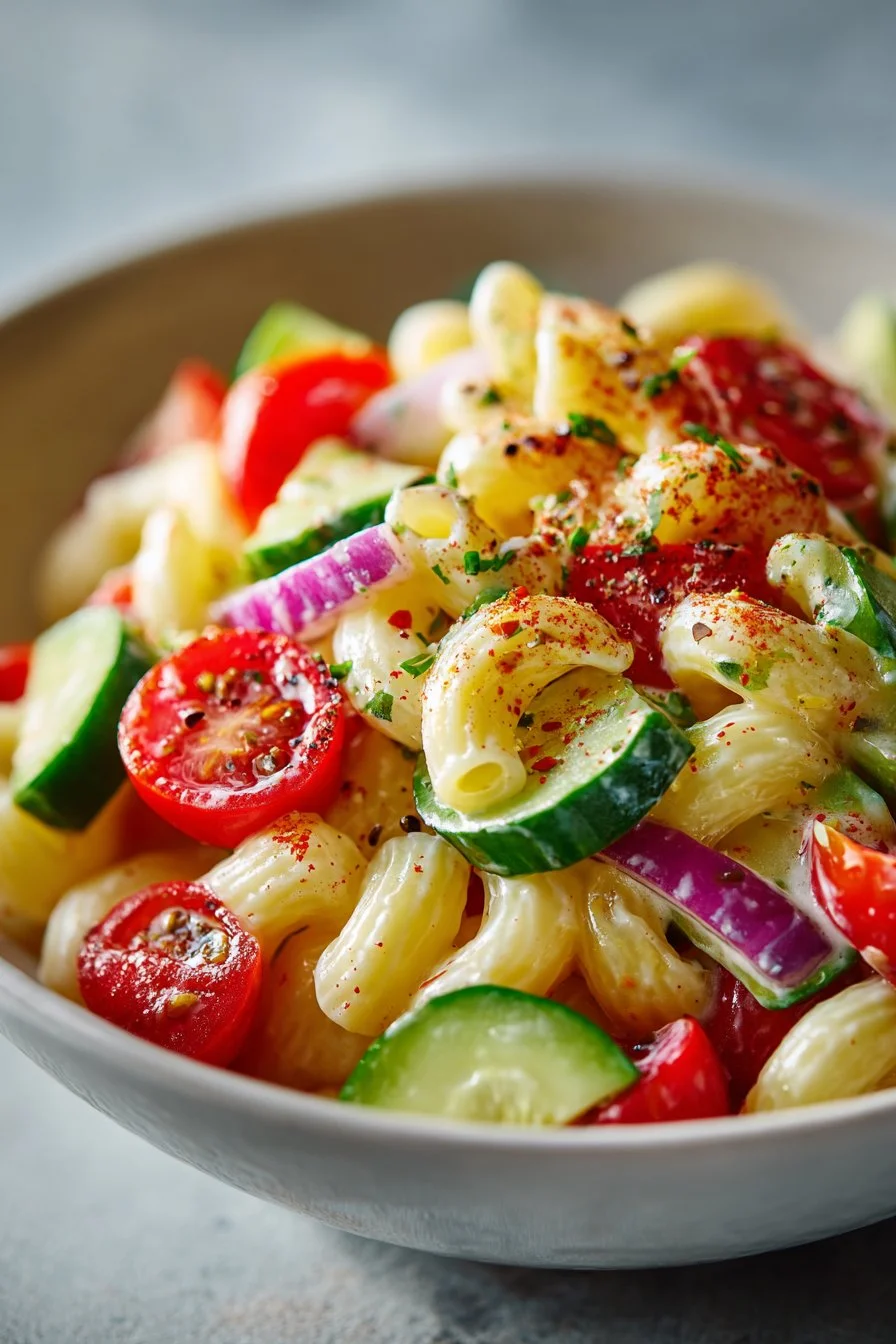 Easy cold macaroni pasta salad served in a bowl with vegetables and dressing