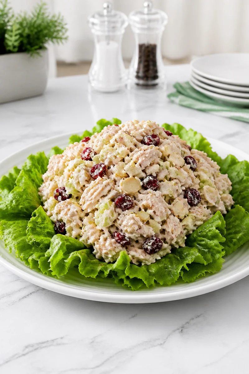 Easy Make Ahead Cranberry Almond Chicken Salad in a bowl with fresh ingredients