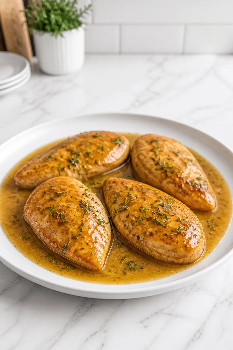 Easy one skillet apple cider glazed chicken served on a plate with herbs