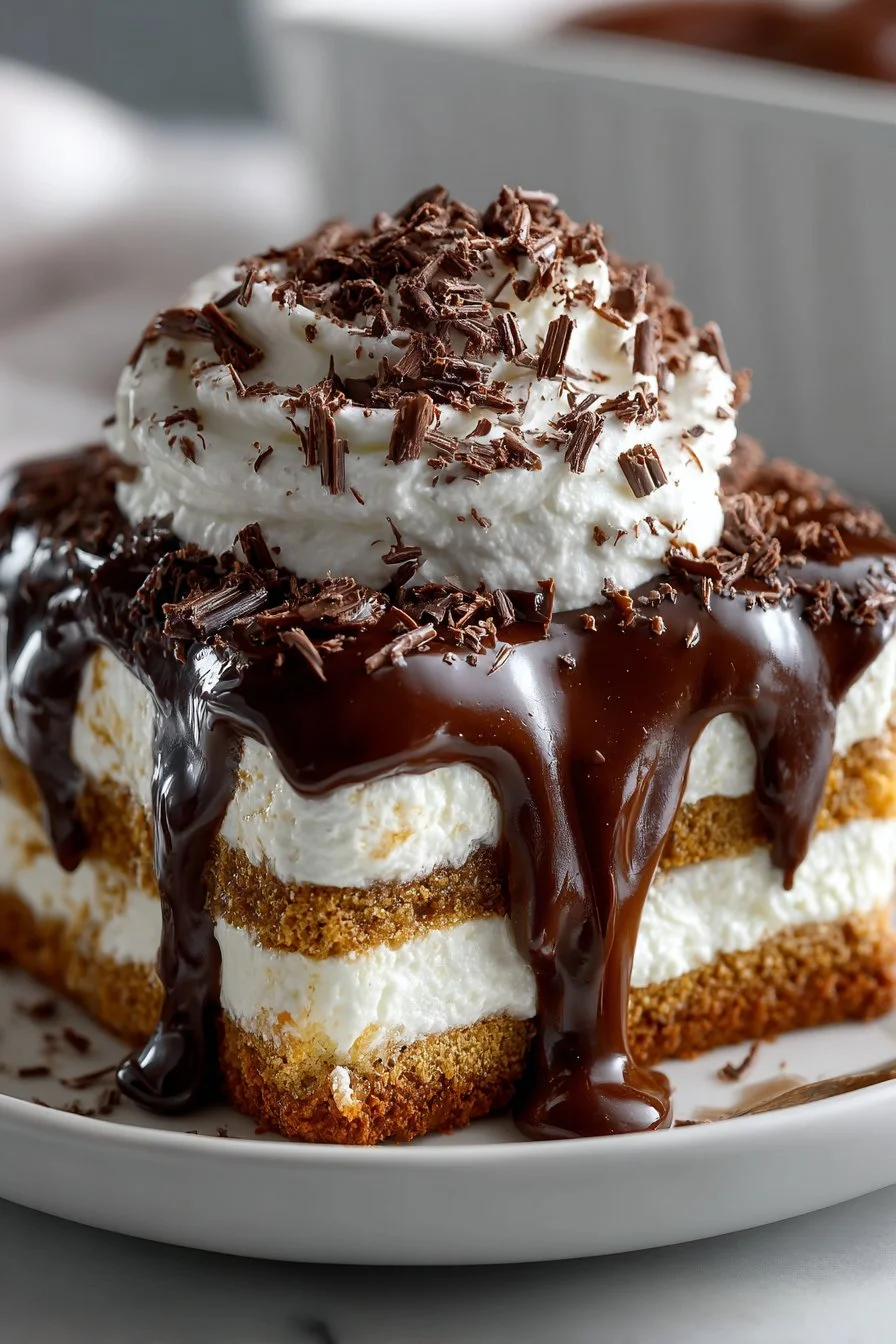 Delicious no-bake chocolate eclair cake served at a potluck event