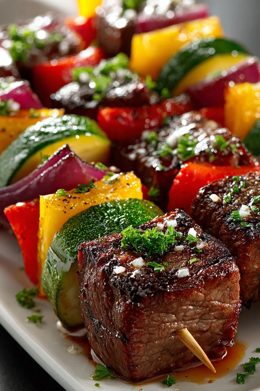 Grilled steak kabobs with colorful vegetables on skewers ready for summer dinner.