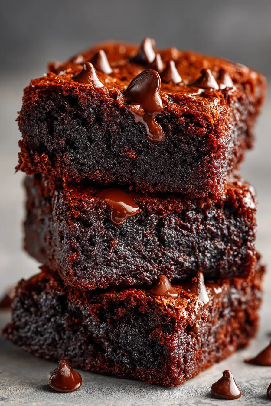 Extra moist double chocolate zucchini brownies on a plate topped with chocolate chips.
