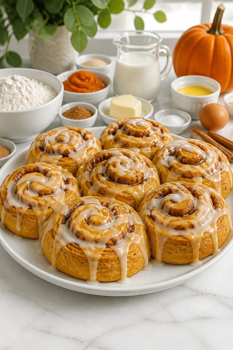 Fluffy pumpkin spice cinnamon roll topped with creamy glaze