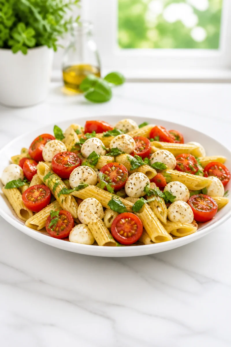 Fresh Caprese pasta salad with tomatoes, mozzarella, and basil
