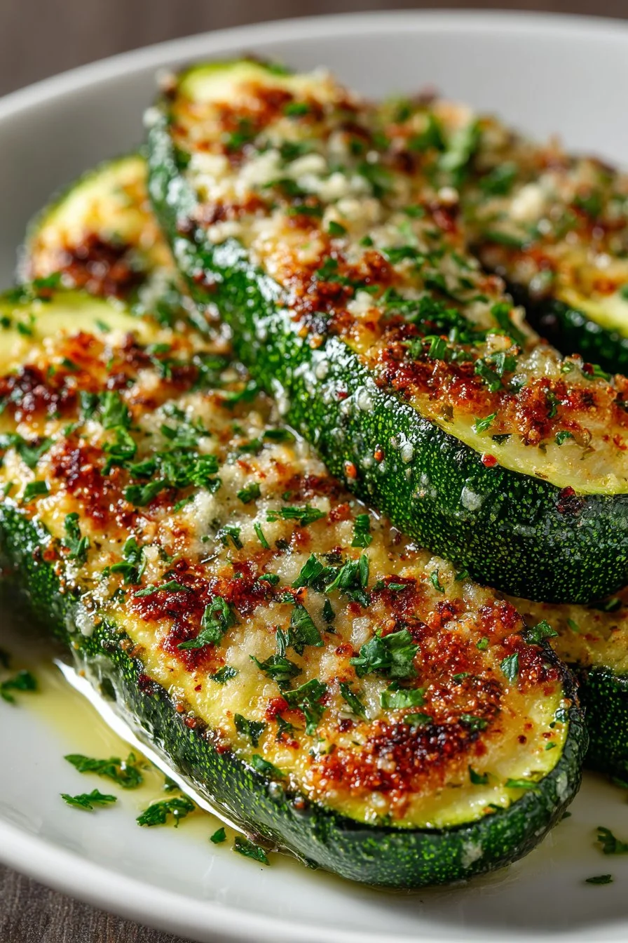 A plate of Garlic Parmesan Roasted Summer Squash garnished with herbs.