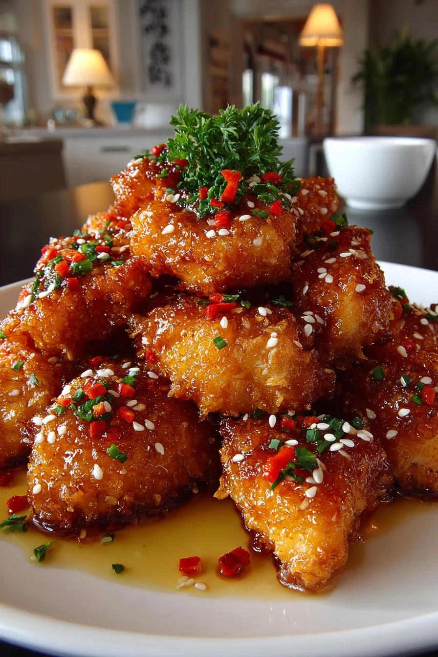 Healthy baked crispy orange chicken served on a plate with fresh vegetables