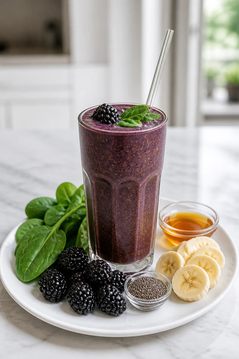 Healthy blackberry spinach smoothie in a glass with fresh ingredients