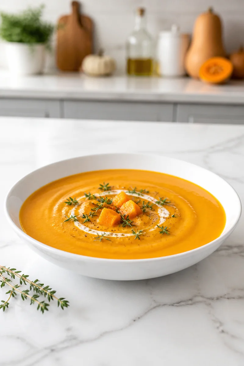 Bowl of healthy roasted butternut squash soup garnished with herbs, perfect for fall.
