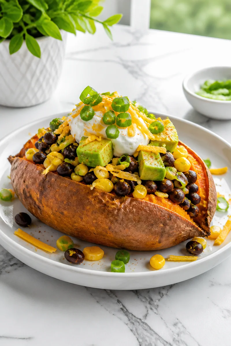 Healthy loaded baked sweet potato topped with nutritious ingredients