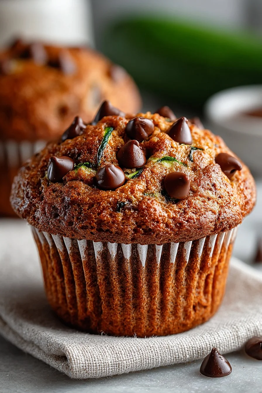 Healthy oatmeal zucchini chocolate chip muffins on a wooden table
