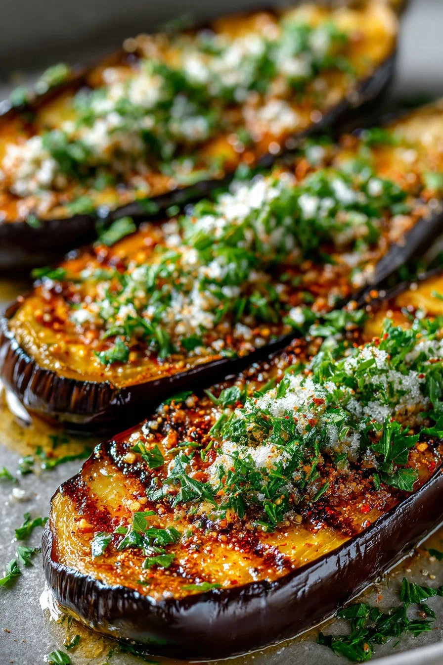 Healthy oven roasted Japanese eggplant served on a plate