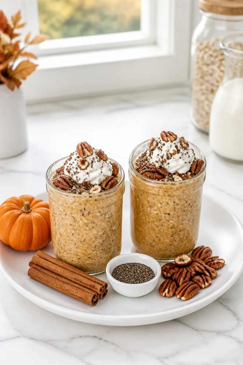 Healthy pumpkin pie overnight oats topped with spices and pumpkin seeds