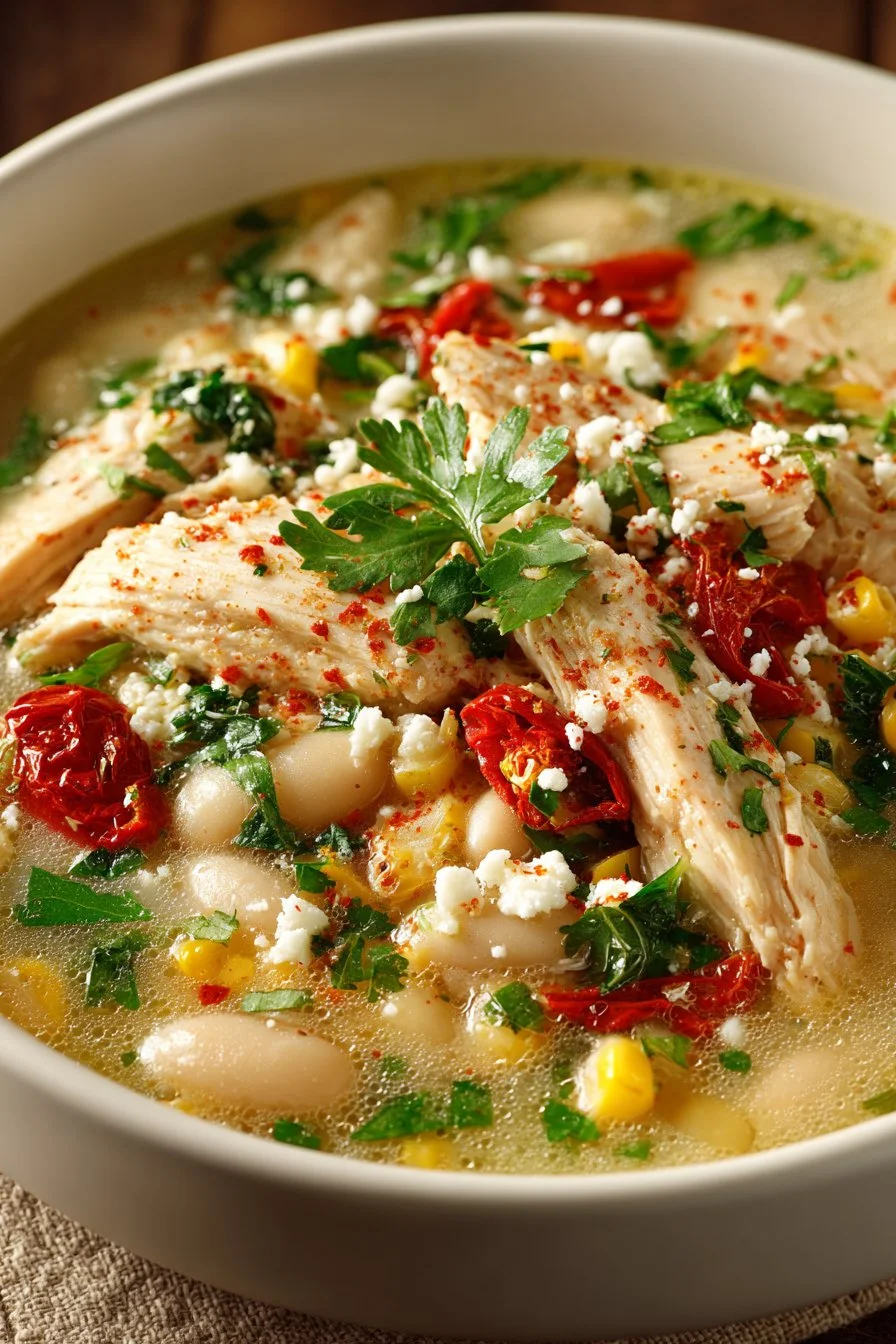 Hearty Crockpot Mexican Street Corn White Chicken Chili topped with fresh cilantro.