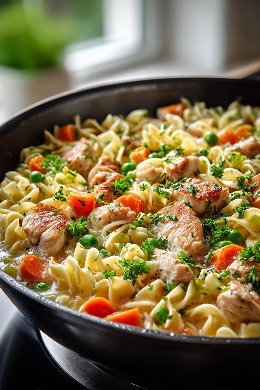 Hearty Winter Chicken Noodle Skillet in a rustic pan with fresh herbs