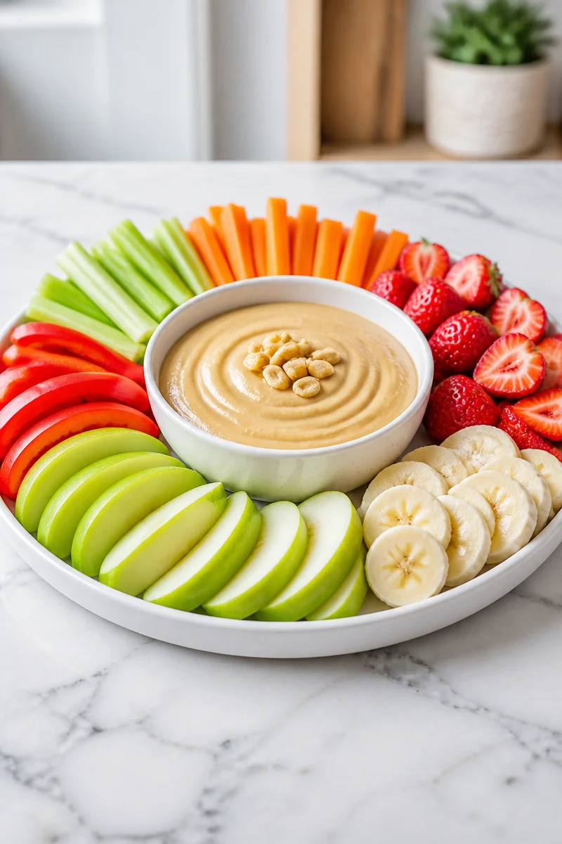 High Protein Greek Yogurt Peanut Butter Dip served in a bowl with fresh fruit.