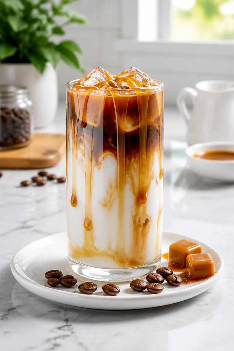 Delicious homemade creamy iced caramel macchiato in a glass with caramel drizzle