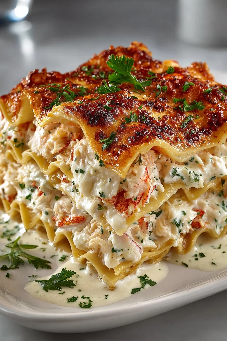 Delicious homestyle Crab and Shrimp Seafood Lasagna on a plate