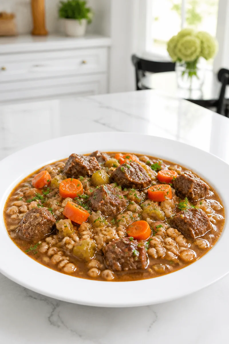 Homestyle slow cooker beef and barley stew in a rustic bowl