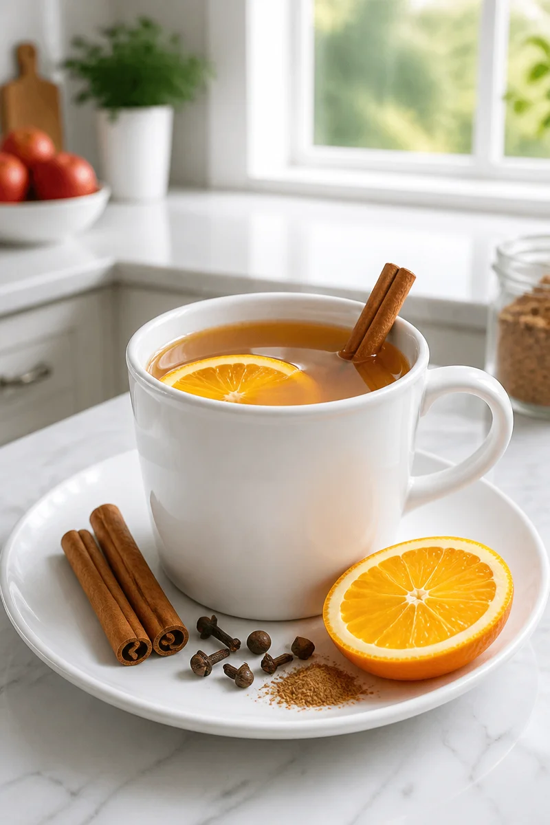 Hot spiced apple cider with cinnamon sticks served in a cozy mug