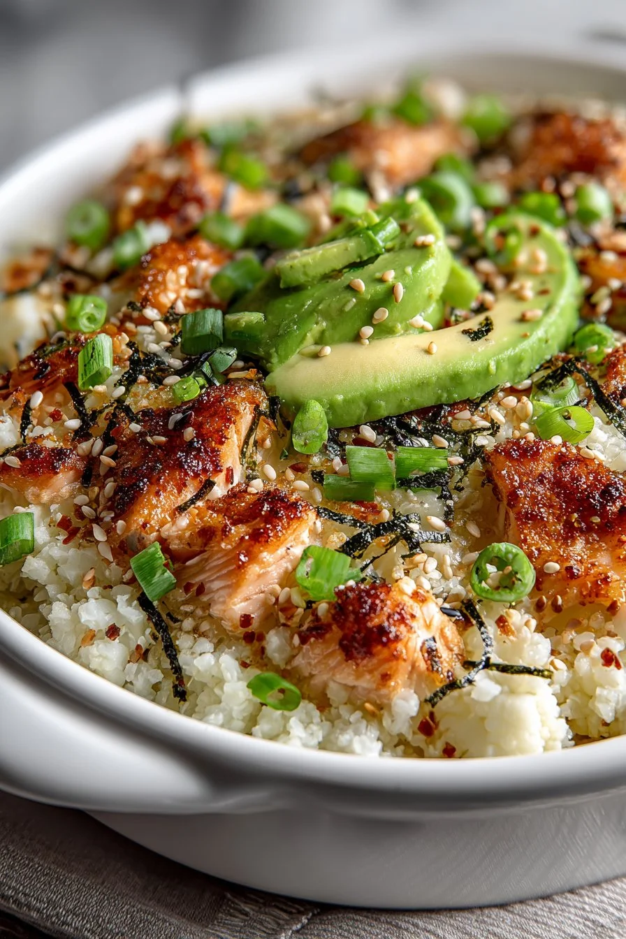 Delicious low carb cauliflower rice salmon sushi bake ready to serve