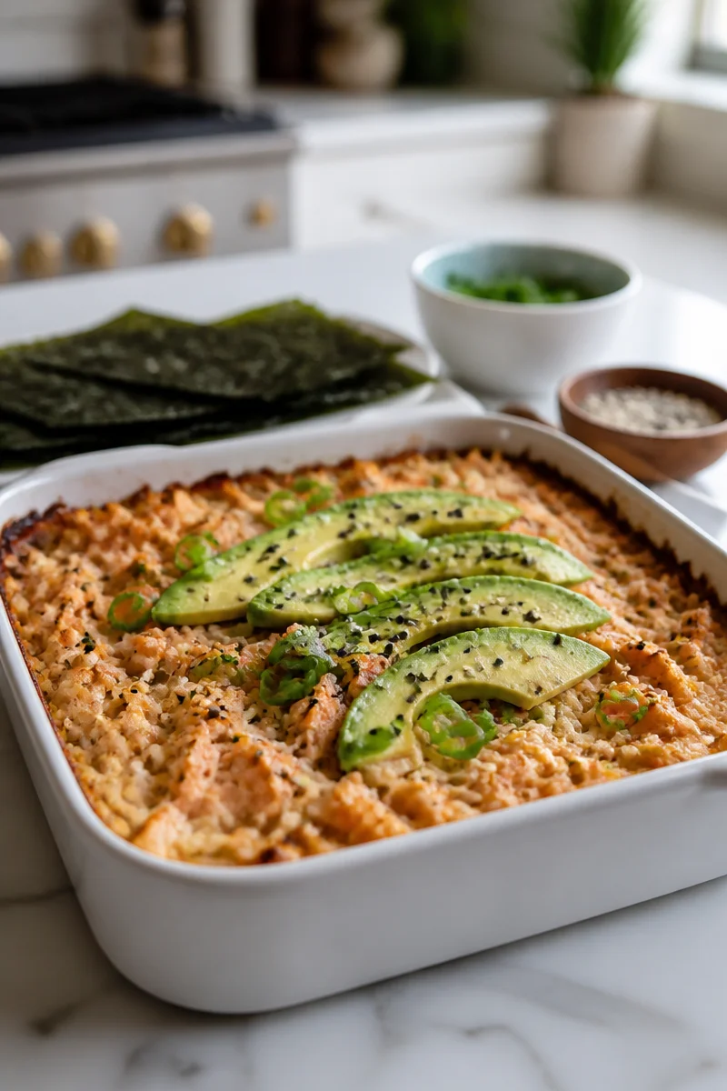 Low Carb Cauliflower Rice Salmon Sushi Bake