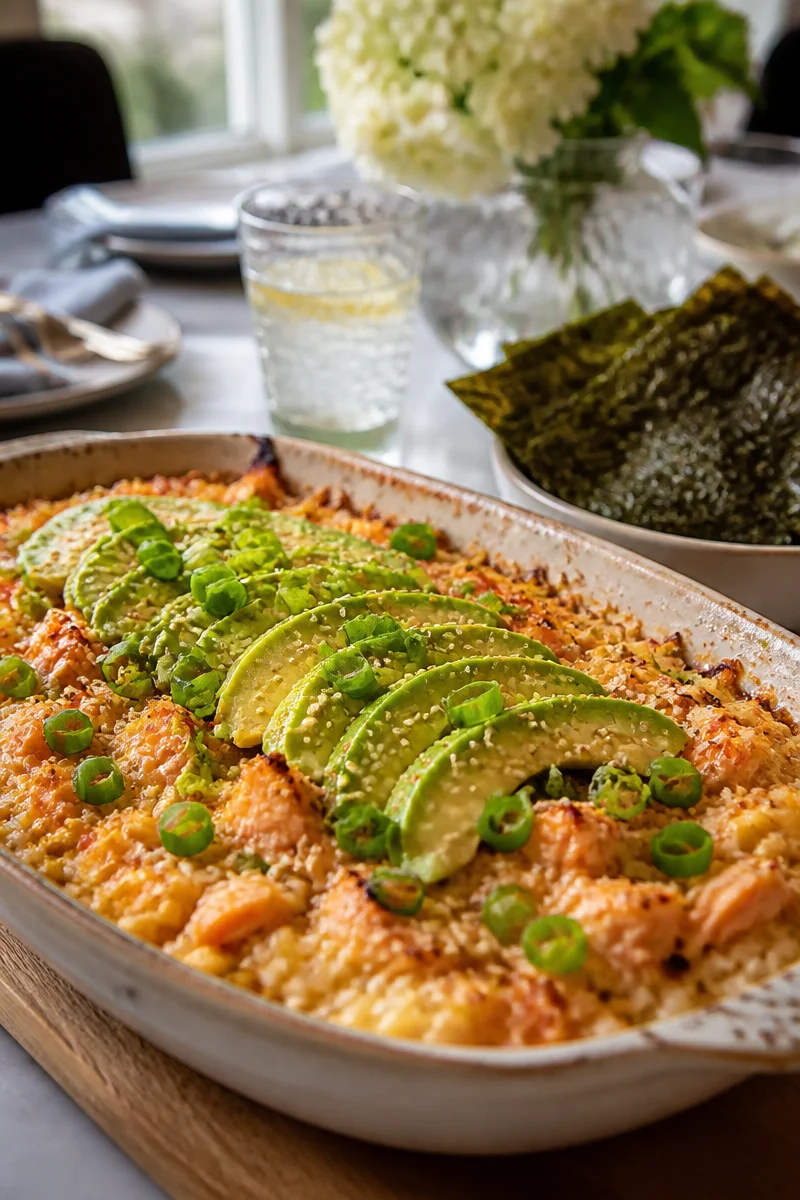 Low Carb Cauliflower Rice Salmon Sushi Bake