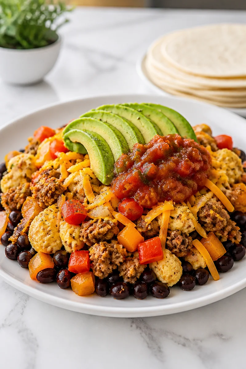 Meal prep turkey sausage breakfast burrito bowls with fresh ingredients.