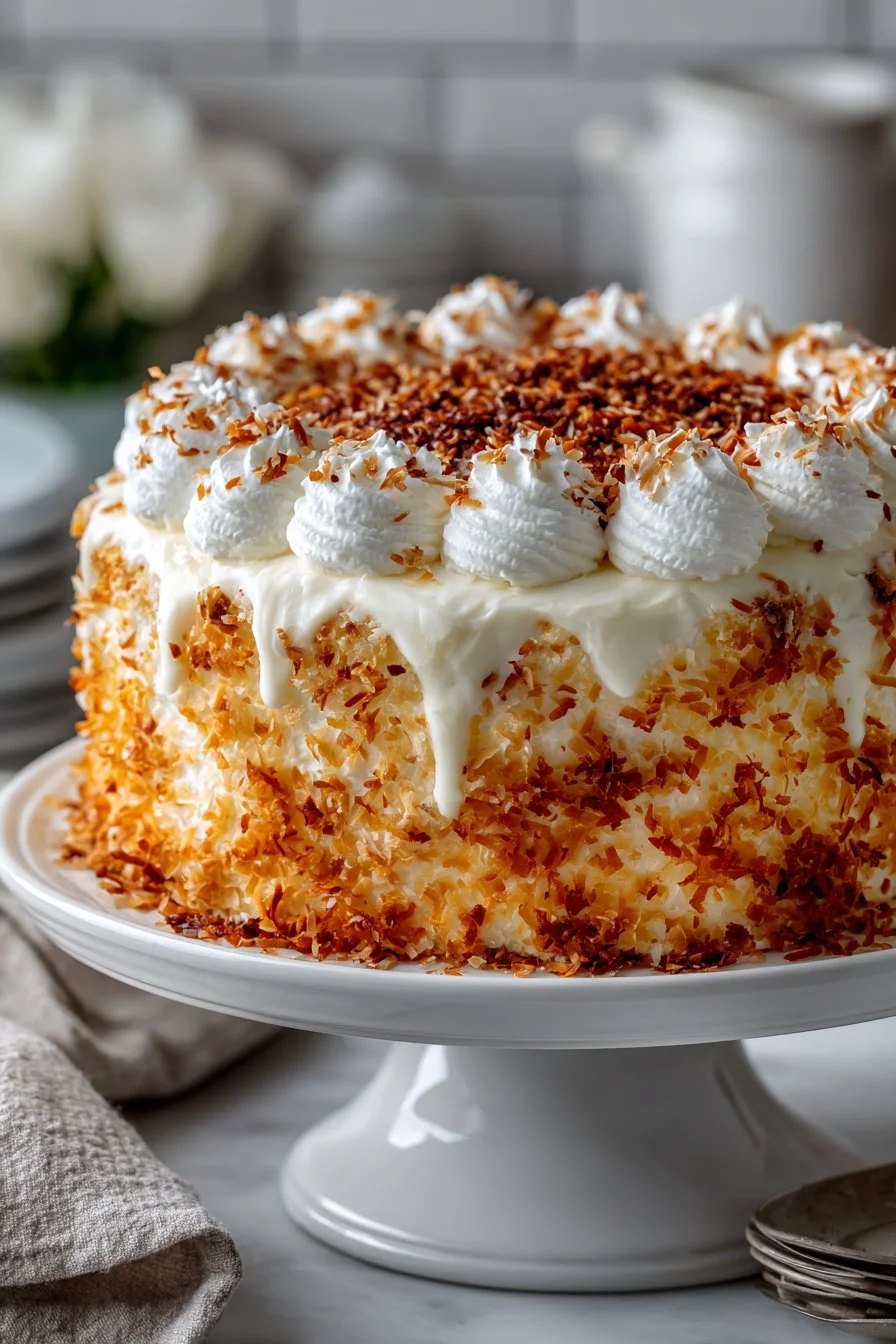Moist buttermilk white German chocolate cake slices on a plate
