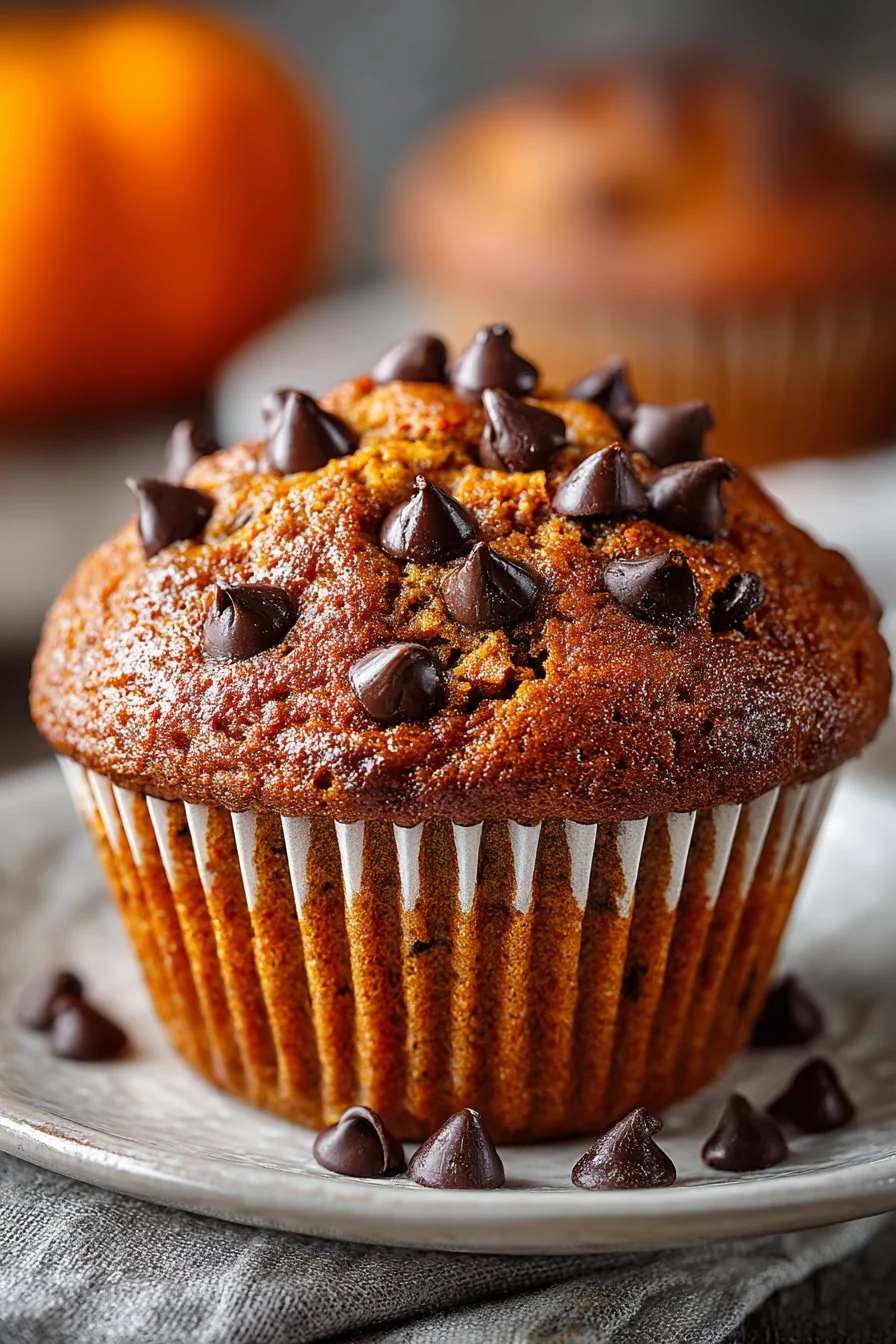 Moist fall spiced pumpkin chocolate chip muffin topped with chocolate chips