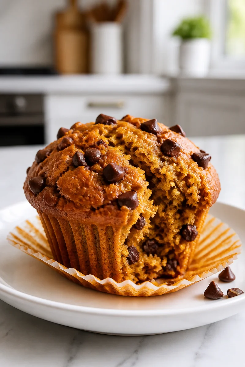 Moist Fall Spiced Pumpkin Chocolate Chip Muffin