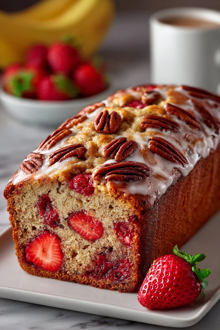 Moist strawberry banana bread with pecans on a wooden table