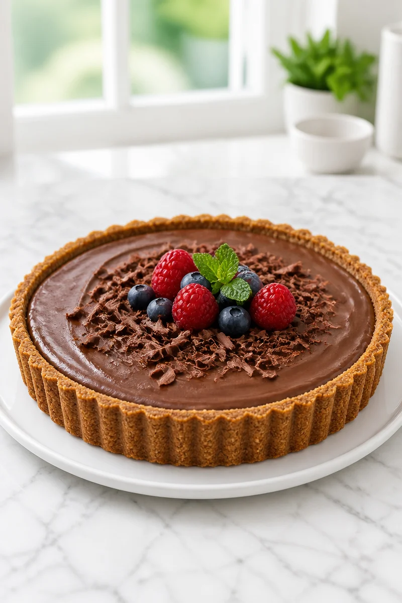 Delicious no bake chocolate tart dessert served on a plate.