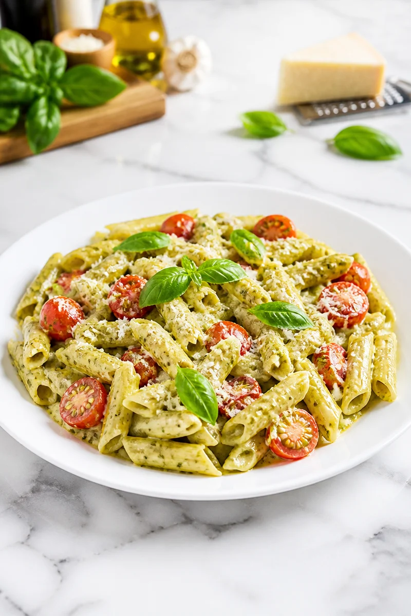 Creamy pesto pasta dish in a bowl with fresh basil and pine nuts