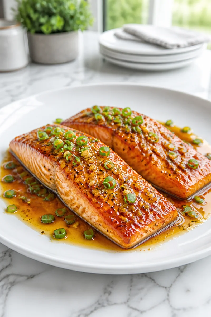Pan seared honey garlic salmon dish garnished with herbs and served on a plate