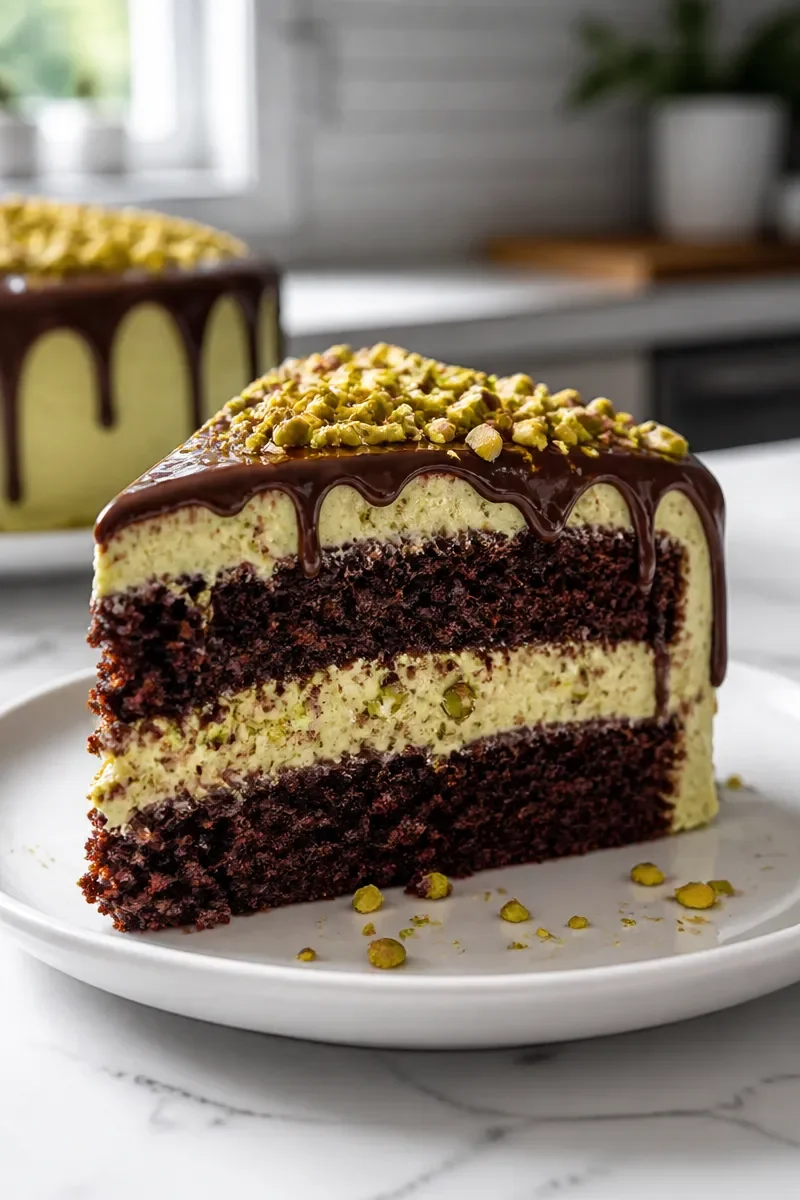 Pistachio cream filled Dubai chocolate cake with rich chocolate frosting