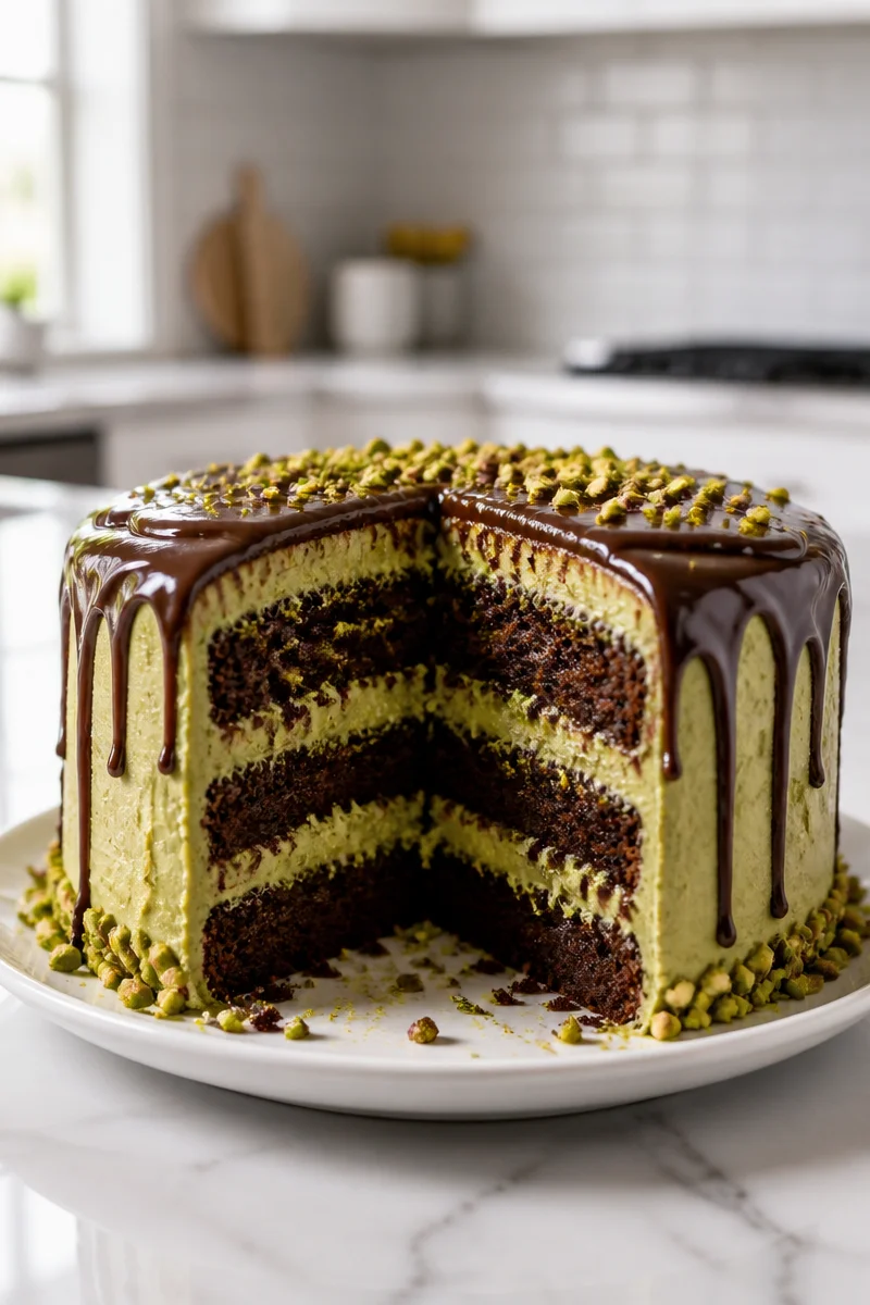 Pistachio Cream Stuffed Dubai Chocolate Cake