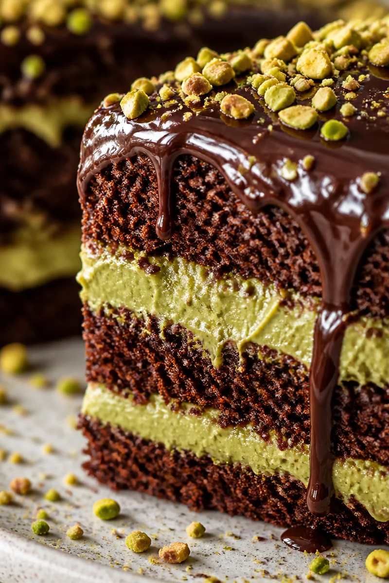 Pistachio Cream Stuffed Dubai Chocolate Cake
