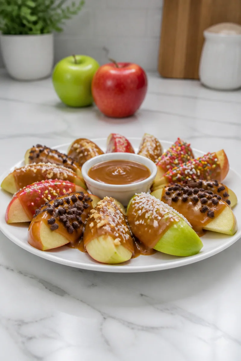 Delicious quick caramel apple slices drizzled with caramel sauce.