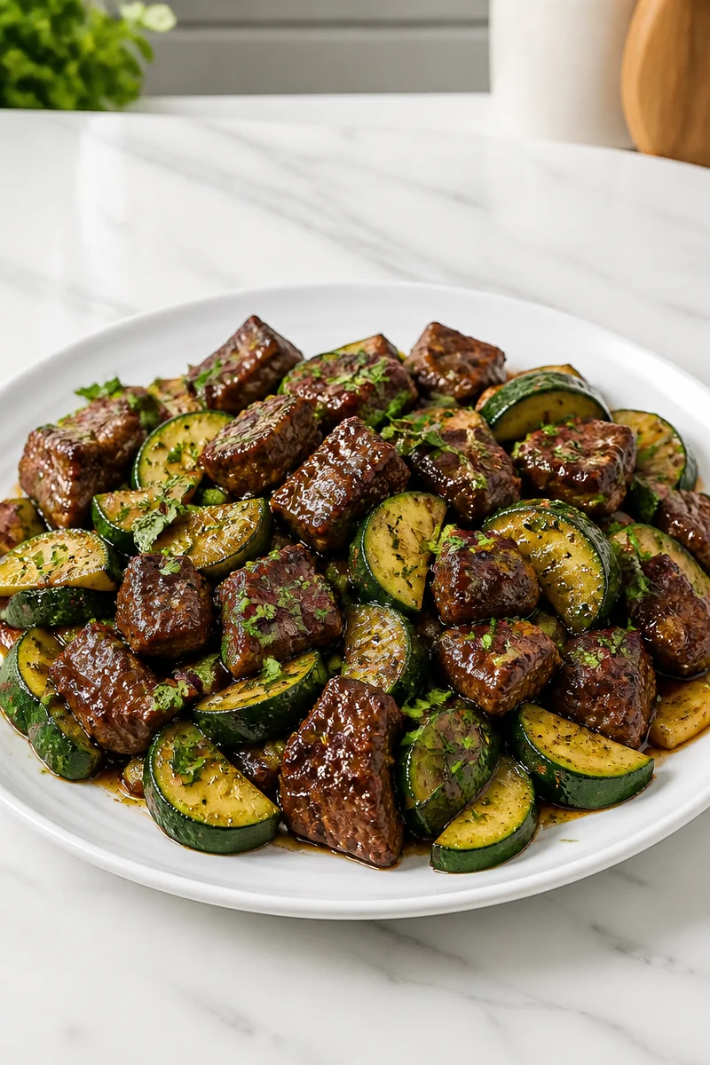 Quick balsamic glazed steak bites served with zucchini on a plate