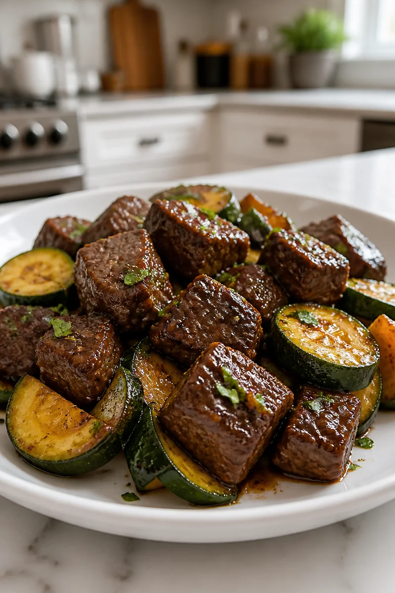 Quick Balsamic Glazed Steak Bites And Zucchini