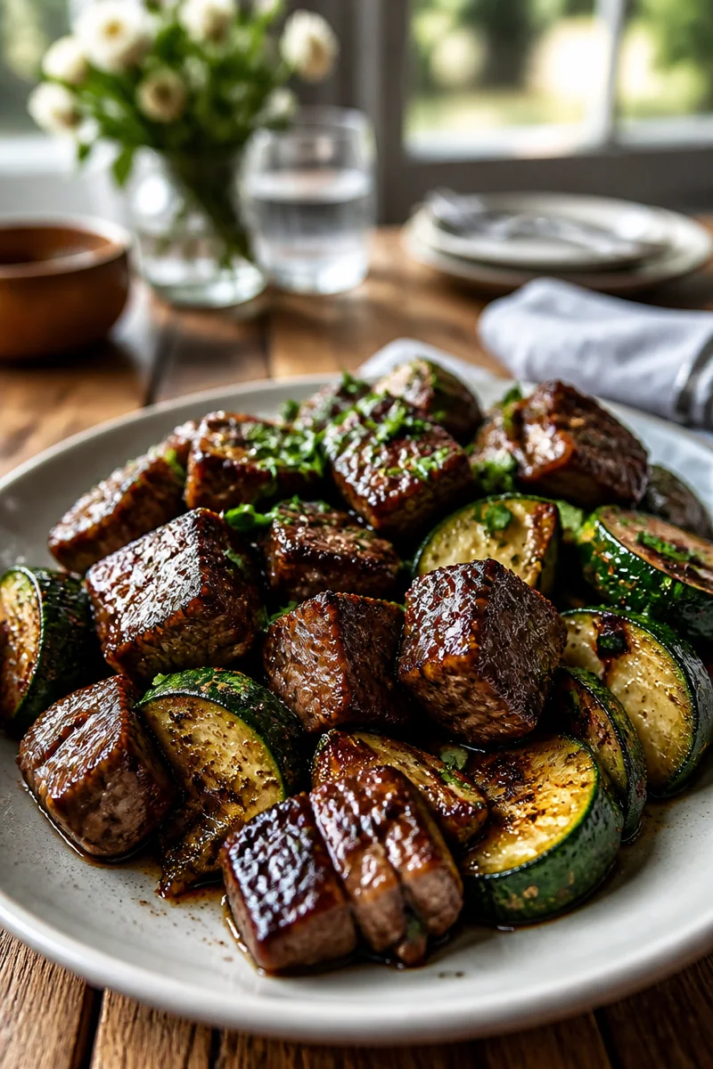 Quick Balsamic Glazed Steak Bites And Zucchini