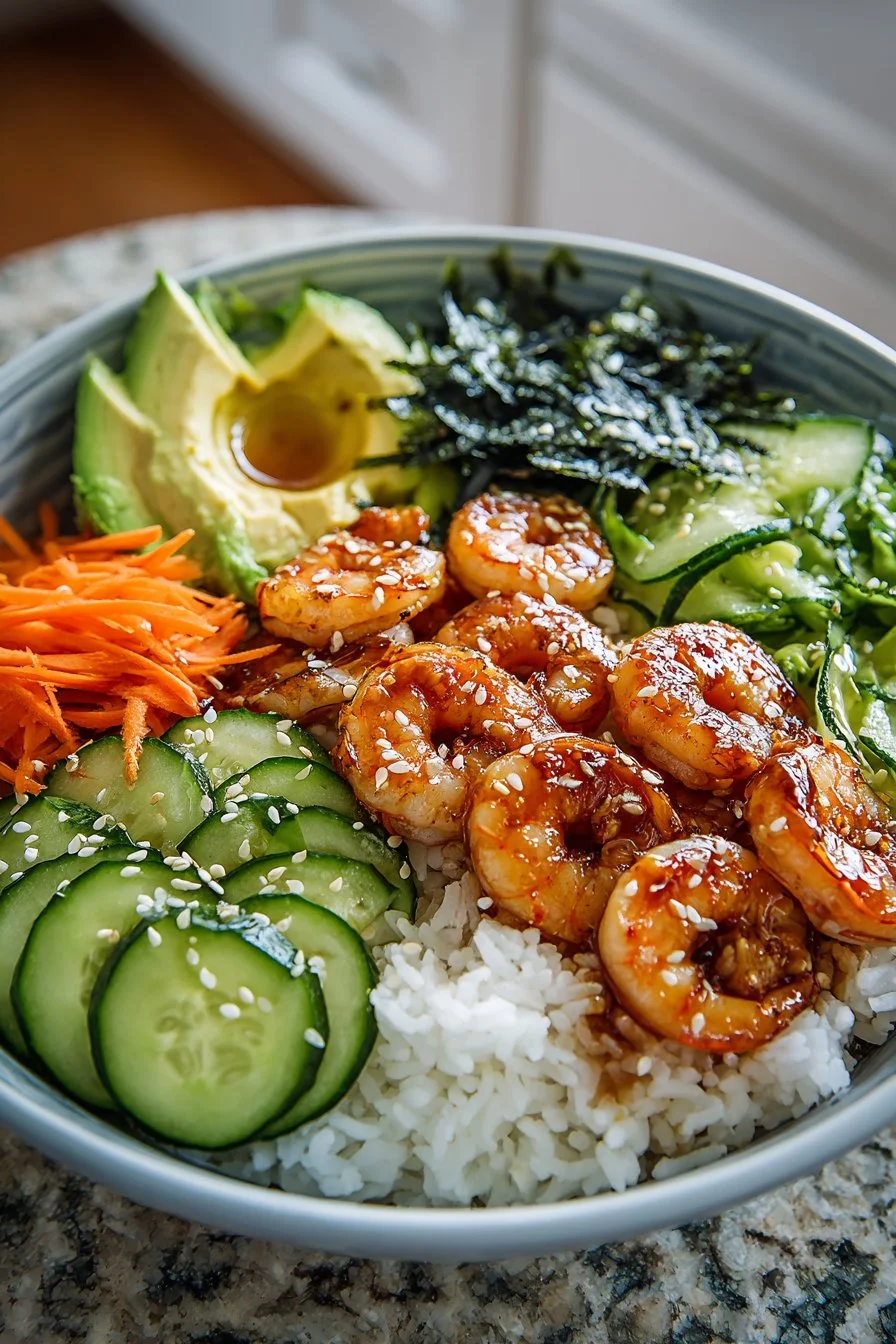 A vibrant shrimp sushi bowl with fresh ingredients and colorful toppings.
