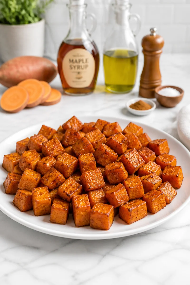 Roasted cinnamon maple sweet potatoes garnished and ready to serve.