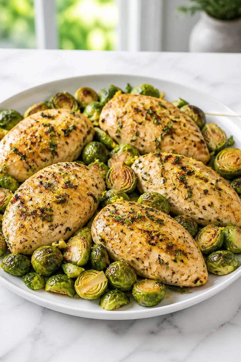 Sheet pan lemon herb chicken cooked with Brussels sprouts for a flavorful meal.