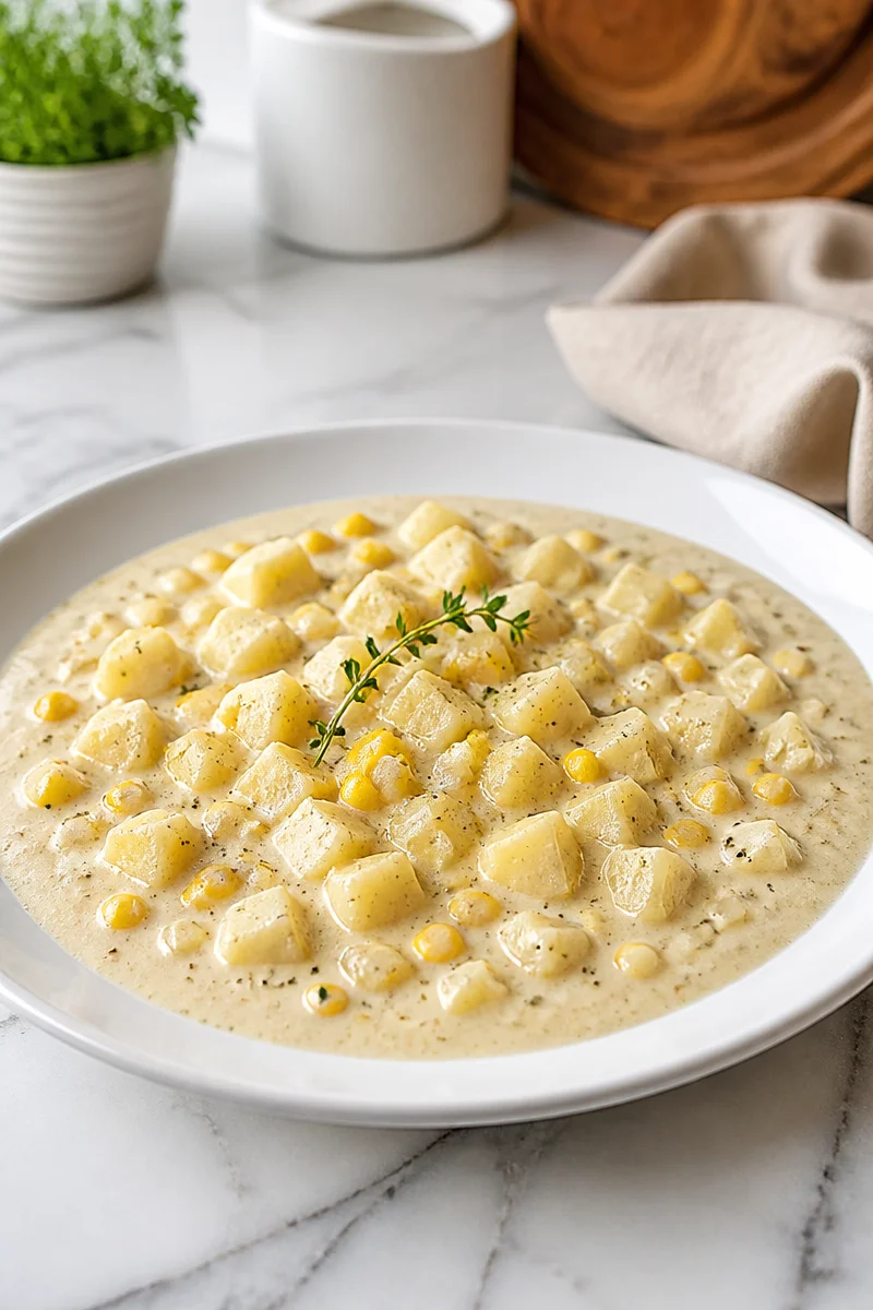 Slow cooker creamy potato and corn chowder served in a bowl with herbs.