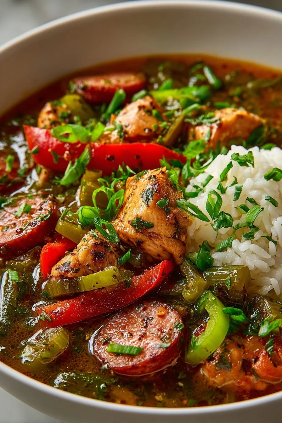 Bowl of slow-simmered chicken and sausage gumbo with fresh herbs and rice